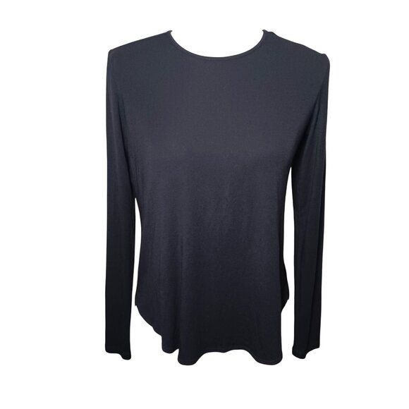 Theory Long Sleeve Curved Hem Top Navy Blue Crew Neck High Low T-Shirt Size S - Picture 1 of 12
